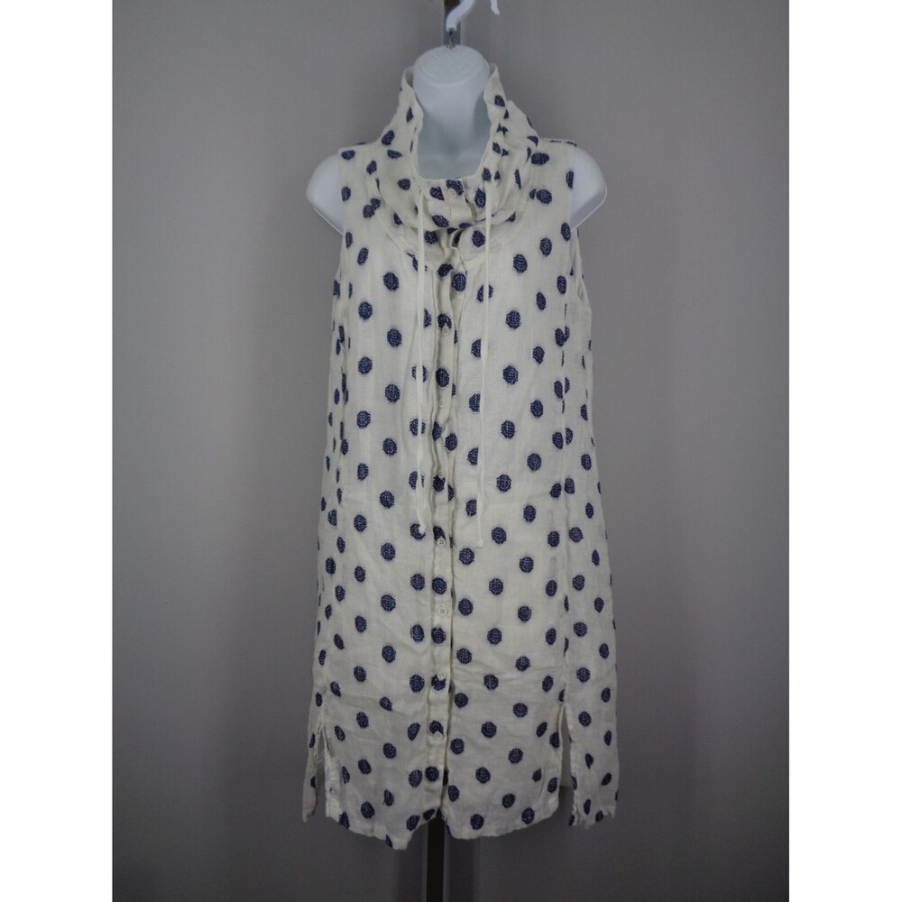 209 WST 38 Linen White Blue Polka Dot Tie Neck Sleeveless Button Dress Sz Small